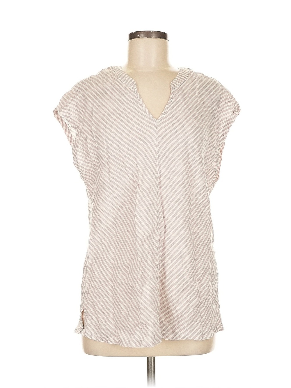 Tahari Linen Striped V-Neck Tunic in Pale Lilac and White